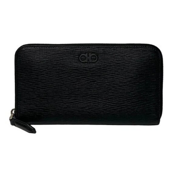 Salvatore Ferragamo Gancini 66A590 Black Leather Long Wallet